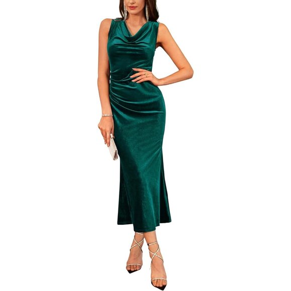 Women Dark Green Flattering Cowl Neck Sleeveless Velvet Cocktail Mermaid Gown